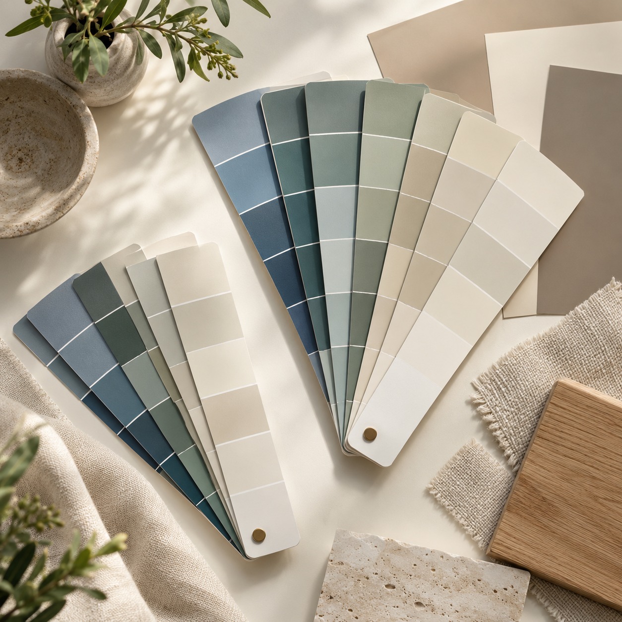 Paint color fans, large neutral samples, linen, and oak arranged on a light work surface