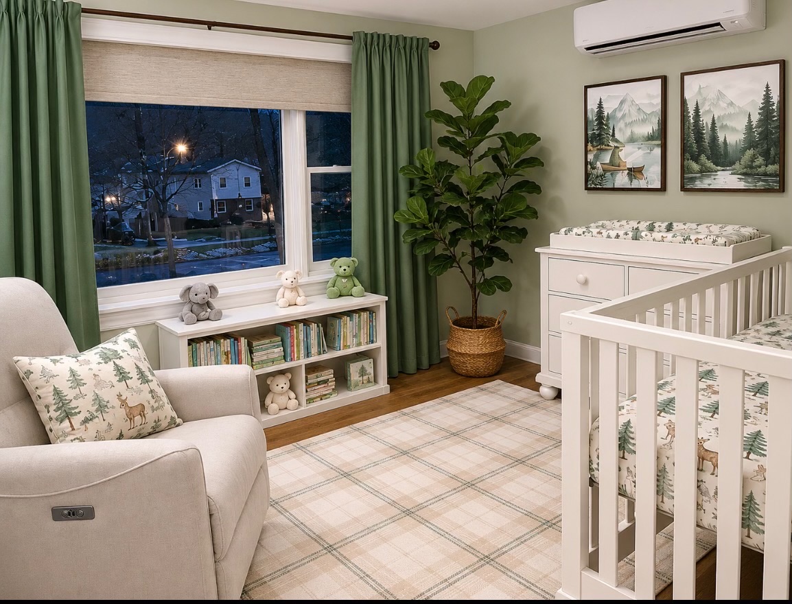 Woodland nursery with green curtains, forest artwork, white furniture and a light plaid rug